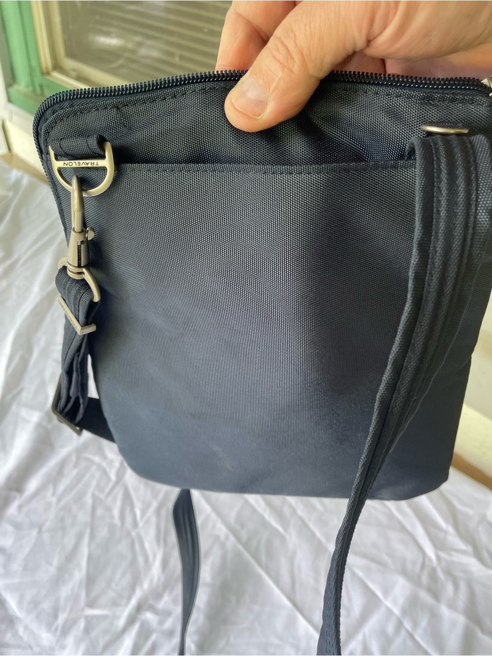 Travelon Navy Blue Crossbody Bag with locking Zip Pockets and Tan Liner - Picture 3 of 5